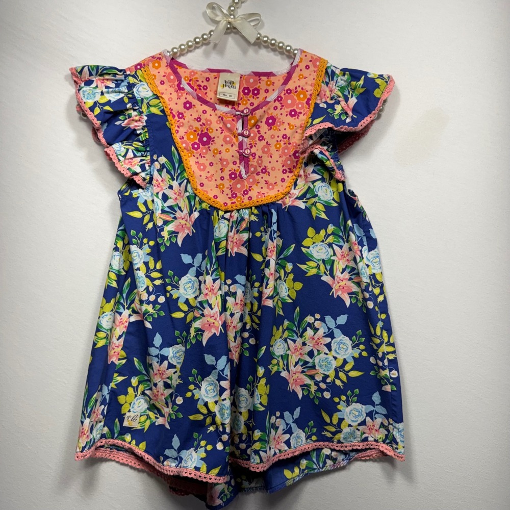 Wildflowers Girls Blue Floral Flutter Sleeve Dress Crochet Trim Size 10